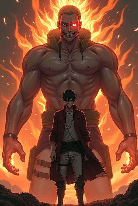 Eren Yeager with a badass look, standing confidently with Fire Susanoo behind him, sporting an evil smile. Naruto is dressed in modern clothes, smiling calmly with one eye glowing red, and releasing a powerful aura."