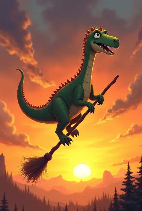 Dinosaur with a broom flying at sunset