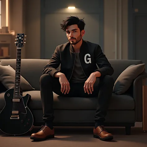 a cute male wearing black jacket, black hair, very little beard, G letter on jacket, brown leather shoes, sitting on a sofa, black ESP guitar stand aside sofa, box warehouse as background, correct detail, 3d caricature, masterpiece, award-winning 3d cartoo...