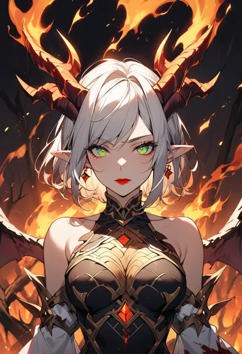 1girl, solo, short hair, breasts, looking at viewer, medium breasts, scale dress, white hair, bare shoulders, jewelry, green eyes, split bangs, , upper body, side parted bangs, earrings , separated sleeves, wings, dragon horns, pointy ears, elf, red lips, ...