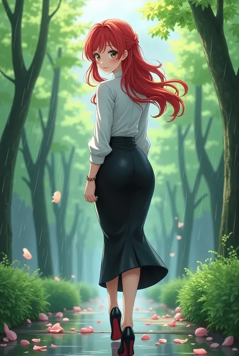 masterpiece, best quality, high detail, anime style girl wavy hair, red hair, low ponytail, white blouse, long black leather  pencil skirt, heels, looking at viewer, wide eyed, spring garden, cloudy sky, rainy backdrop, park, trees, walking, with her back ...