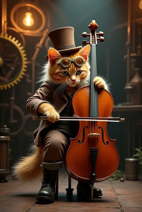 ultra realistic antropomorphic Long-haired light orange kitten in steampunk attire, featuring brown tophat, gold goggles, brown steampunk attire,   Sit on a  stool with a cello in  between the legs, Support the cello on the ground with the spike, Slightly ...