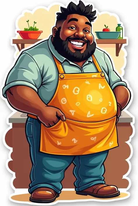 A drawing for a fat man sticker, black man who does not have a beard and who is wearing a kitchen apron