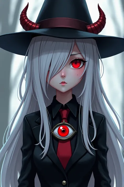 A girl with white king hair that covers he left eye she wears a hat with shot demon horns coming out of her hat she has red eyes and wears a suit with a red eye neckless and she is from a game called Roblox 