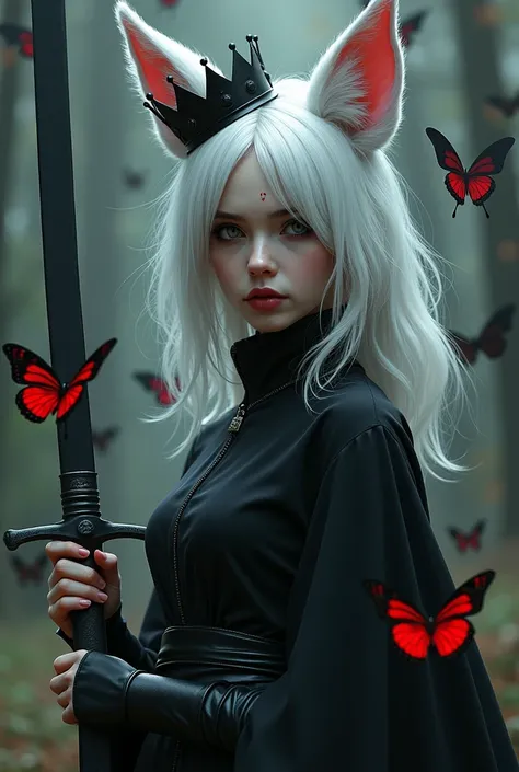 Girl , White hair, hair over one eye, Fox ears, hard look, Mole under the eye Empty eyes, with a black crown and a sword in his right hand surrounded by black and red butterflies 