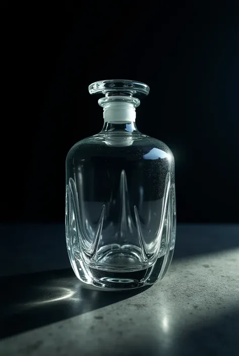 A glass bottle on a dark background, with the view from bottom to top, above the horizon line, focused more on the bottom of the bottle, with the light coming from right to left, studio photo, photo taken with a 45mm lens, studio light.