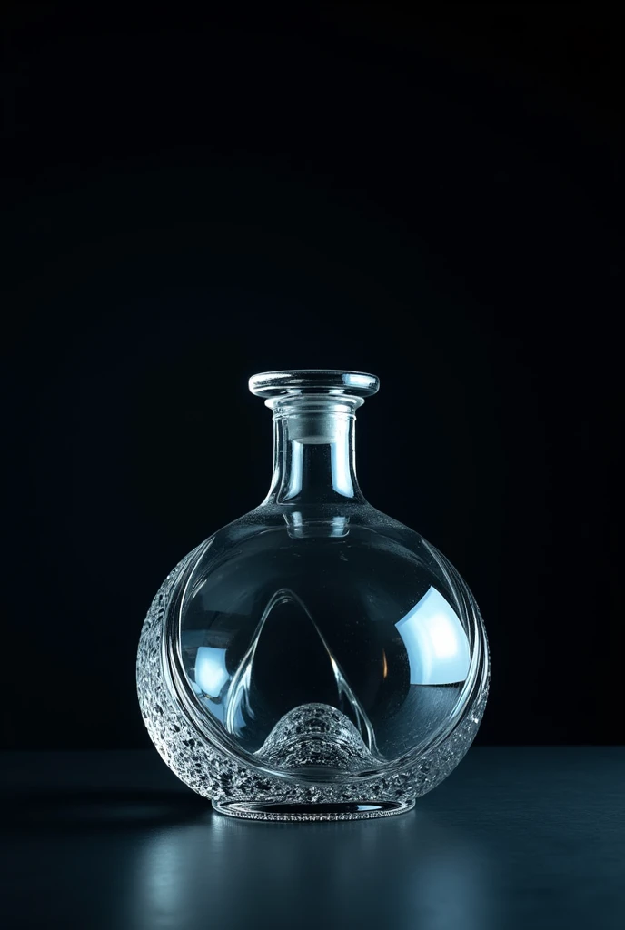 A glass bottle on a dark background, with the view from bottom to top, above the horizon line, focused more on the bottom of the bottle, with the light coming from right to left, studio photo, photo taken with a 45mm lens, studio light.