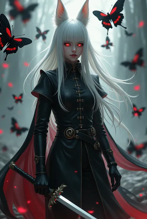 Girl , White hair, hair over one eye, Fox ears, hard look, Mole under the eye Empty eyes, a sword in his right hand surrounded by black and red butterflies with a hood dressed in a bodyguard uniform
