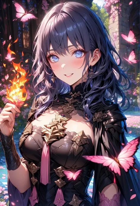 absurdres, highres, ultra detailed, HDR, master piece, best quality, extremely detailed, detailed eyes, detailed face, Byleth, dark blue hair, expressive blue eyes, Fire Emblem Three Houses, solo, woman, beautiful, smile, handsome, black cape, black clothe...