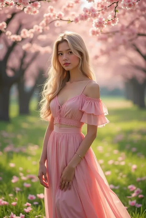 A serene scene of a beautiful woman standing under blooming cherry blossom trees in a park during spring. She has long, flowing blonde hair and is wearing a soft pink, flowing dress with delicate ruffles on the sleeves. The dress has a deep V-neck design, ...