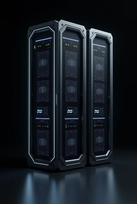 create a 3x4 style image, of three servers, futuristic with black image background.