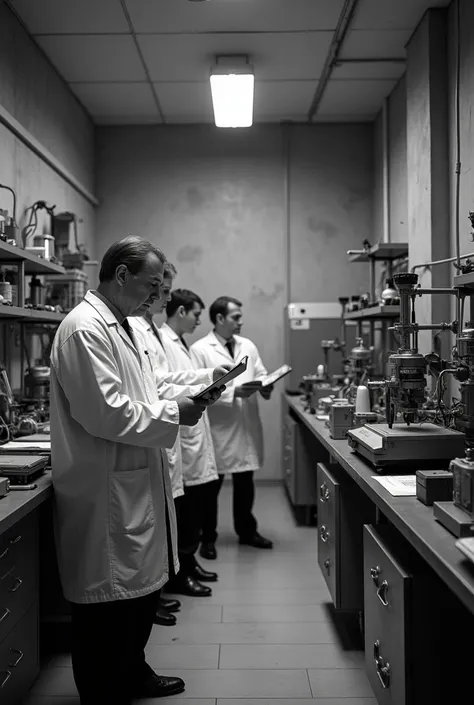 Real black and white photo of a Russian experiment room with people 