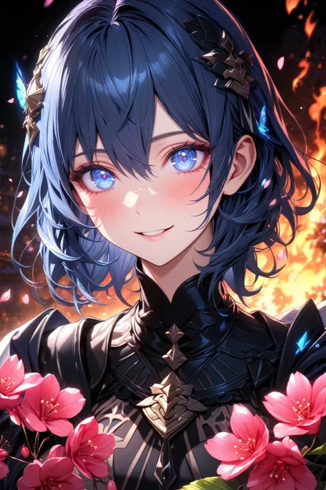 absurdres, highres, ultra detailed, HDR, master piece, best quality, extremely detailed, detailed eyes, detailed face, Byleth, dark blue hair, expressive blue eyes, Fire Emblem Three Houses, solo, woman, beautiful, smile, handsome, black cape, black clothe...