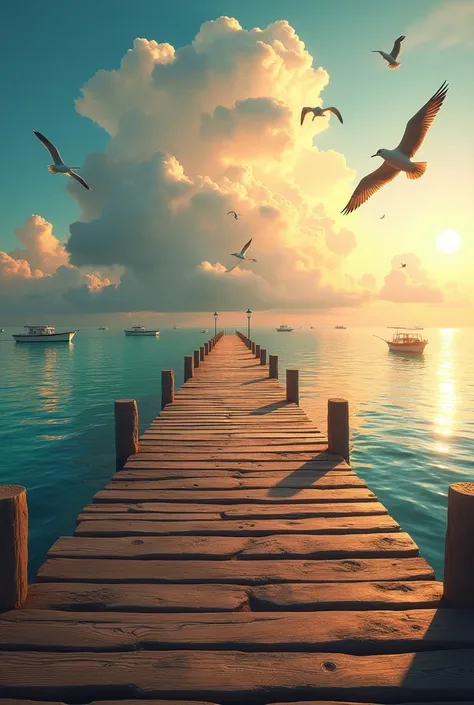 A quiet summer pier, detailed wooden pier with boats, seagulls flying overhead, calm blue ocean, warm golden hour lighting, cinematic composition, work of art, 8k, photo-realistic, dramatic lighting, bright colors, highly detailed, Volumetric Fog, reflecti...