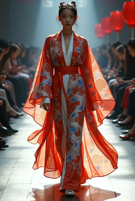 Create a Beijing-inspired clothing design. Clothing should feature water and fire elements, looks modern, different and current for a fashion catwalk. Based on a kimono, The design should combine traditional traits of Chinese culture, such as embroidery an...