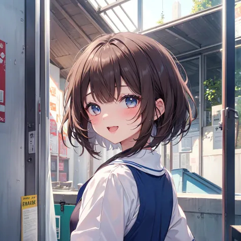 Best Quality、8k、masterpiece))、((One girl))、((cute))、A big smile、Blushing、Mouth open、Brown Hair、Short Bob Hair、Ultra detailed face、Ultra-detailed eyes、Ultra detailed hair、White gym clothes、Navy blue bloomers、Schoolyard