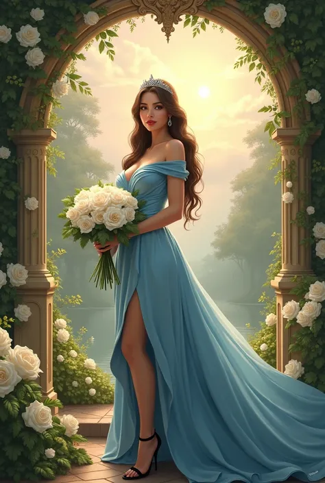 1 girl, 30 years , Brown hair, big lips, pink , tiara, blue satin dress long, big breasts , Long legs , black high heel sandals, in hands a large bouquet of white roses , nature in the background , arch with feathers , Sun , white clouds ,High resolution, ...