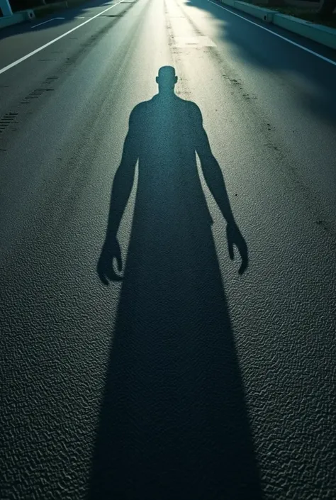 We see the shadow of a man on the asphalt,but there is no man who generates it. 