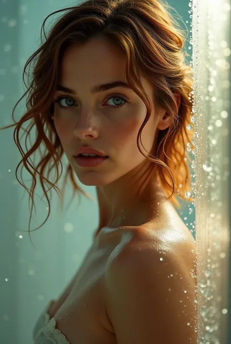 woman with olive skin, copper hair, a Wavy bob haircut, blue eyes, a profiled nose and sensual lips. Close up of a Beautiful woman, surrounded by fogged-up glass and droplets of water on her skin. Soft diffused lighting from above, creating a warm, hazy gl...