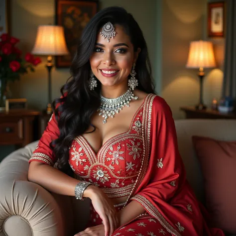 Perfect curvy Indian sexy wife with satin Lycra lehenga, fit and busty woman, HDR, 8k, hyper detailed, best quality, ultra-high resolution, HDR, 8k, sitting on the sofa , look at viewer, waist level view, bright smile, wearing platinum ornaments, casual po...