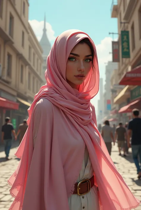 Make a woman image,green eyes, seductive look, red eyebrow, wearing light pink hijab, walking in the city,saudi arabia scenario,art style Jeong Ina