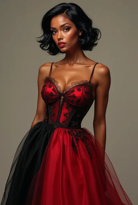 Brown-skinned woman , chubby girl with a long elegant red and black party dress, short black wavy hair to the shoulders, round but elongated face, 1.60 meters brown eyes