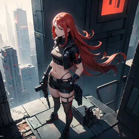 

"Uma sniper de elite, positioned at a high point,in a futuristic and cyberpunk city,standing,,aiming with his sniper rifle. She has long red hair and wears an extremely short bikini-like ensemble.,hitman style,a short black short sleeve shirt and short b...