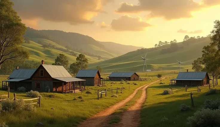 16:9 image, super realistic, main image of a small village with several Australian-style houses among green valleys at dusk