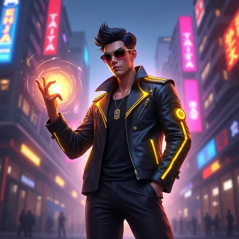 "Create a detailed image of DJ Alok from Garena Free Fire. He is a stylish man with short black hair styled upwards, wearing sleek black sunglasses. He is dressed in a black leather jacket with golden accents and matching black pants. DJ Alok should have g...