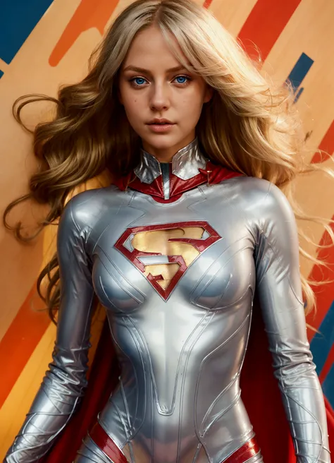 realistic super girl sexy , Very shiny silver colored clothing with fine red lines, a "s" de super en el pecho con un bonito EsCOTE, very thin and tight clothing, blond hair and blue eyes