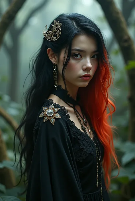 a young wich in an dark enchanted forrest, black hair, red hair, long hair, jewelry, wide eyes, Realism, Futurism