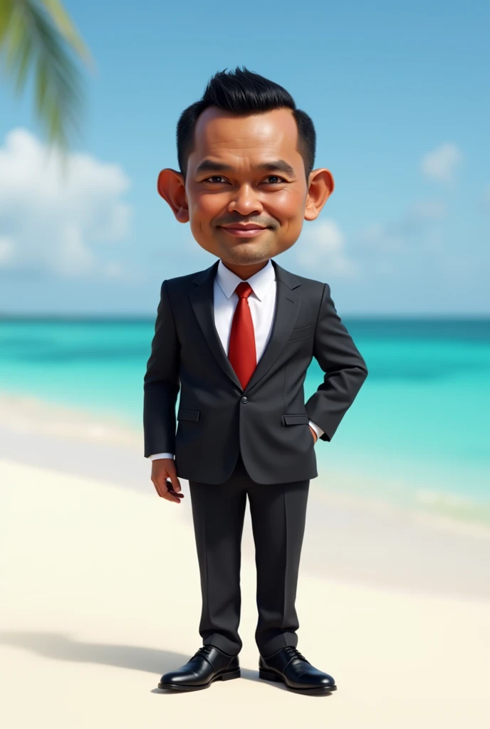 Realistic 4D caricature photo, full body,big head, a middle-aged man with an Papua face, 50 years old, clean face,  dark brown skin , short black hair buzzcut, oval face, wearing a formal black suit, white shirt, red tie,black leather shoes, formal black t...