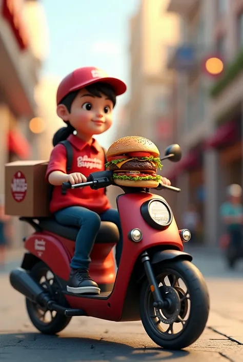 Image of a well presented burger in a delivery box, with a delivery man on a motorcycle with the restaurant logo, ready to deliver.