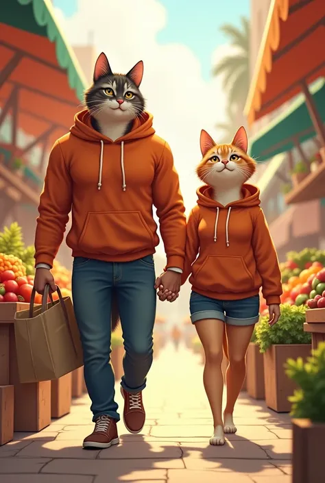 A white cat couple went to market for bring some stuff for home like this vegetables etc.male cat and female cat walking hand in hand. male cat have muscular personality, bodybuilder esthetic body, tall height.female cat have slime waist ,large boobs, deta...