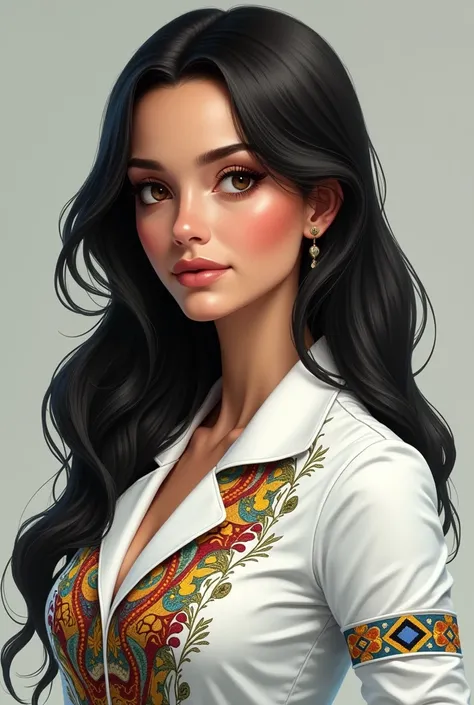 Make a nurse in drawing long black hair brown eyes wearing a more Brazilian lab coat