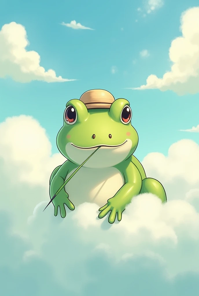 Anime cloud painting of a frog wearing a hat with a strand of grass in its mouth