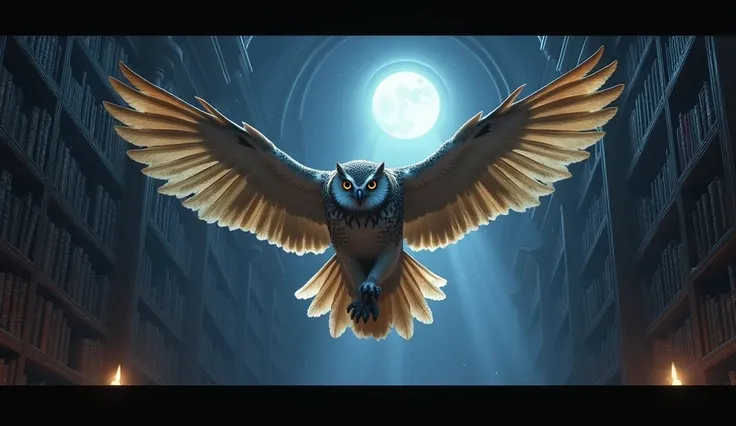 A wise owl with outstretched wings flying over an ancient library at night, with moonlight streaming through the windows. The scene conveys a sense of ancient knowledge and intuition, with the owl appearing as a guardian of wisdom. --ar 16:9