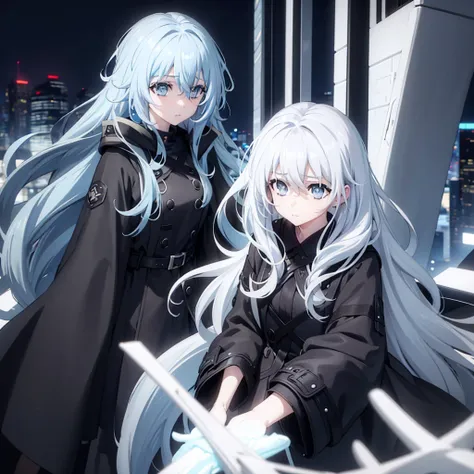 Young woman, white hair, blue eyes, black raincoat, night city, black crows in the sky, Long hair