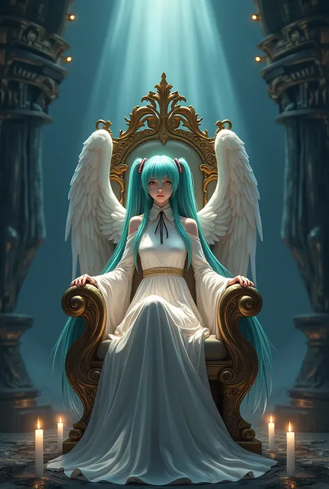 masterpiece, illustration, intricate detailed eyes, 1girl, fallen angel, throne, detailed light, dusk, glow, Hatsune Miku,