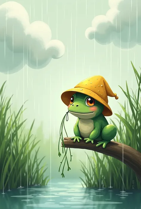 Anime cloud painting with a frog in the rain wearing a hat with a strand of grass in its mouth