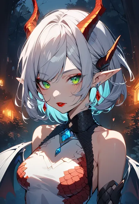 1girl, solo, short hair, breasts, looking at viewer, medium breasts, scale dress, white hair, bare shoulders, jewelry, green eyes, split bangs, covered in blood, upper body, long bangs, earrings, wings , dragon horns, pointy ears, elf, red lips, outdoor, n...