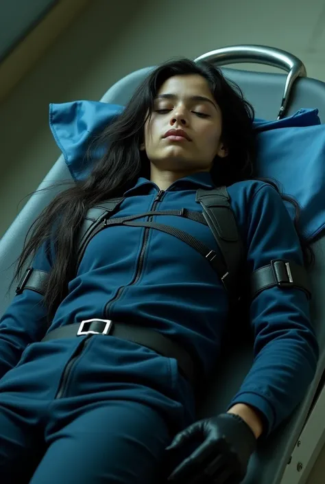 Bolivian teenager, long black hair, spy, blue clothes, black pants, black gloves, unconscious on a stretcher and tied up