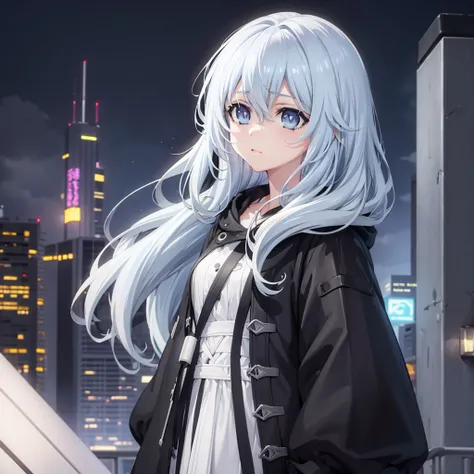 Young woman, white hair, blue eyes, black raincoat, night city, black crows in the sky, Long hair, One girl