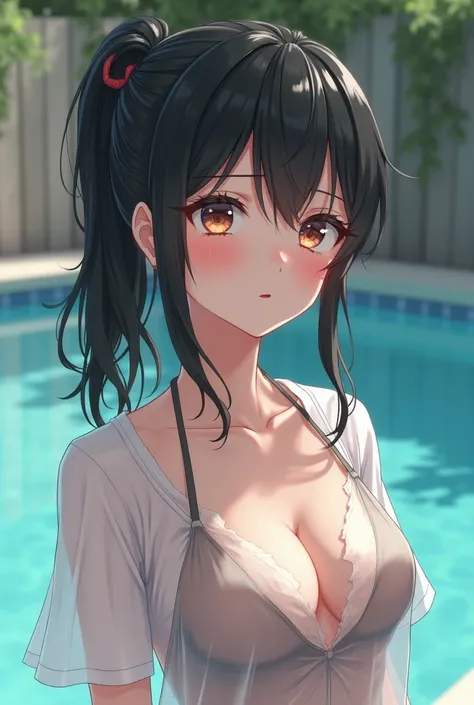 Black Hair、ponytail、Japanese、High school girls、Wet white t-shirt、See-through swimsuit、cute、beautiful girl、Small breasts、Embarrassed face、Shining Eyes、Highly detailed face、Highly detailed eyes、Attention to detail、8k、super high quality、Ultra HD、Best Quality、...