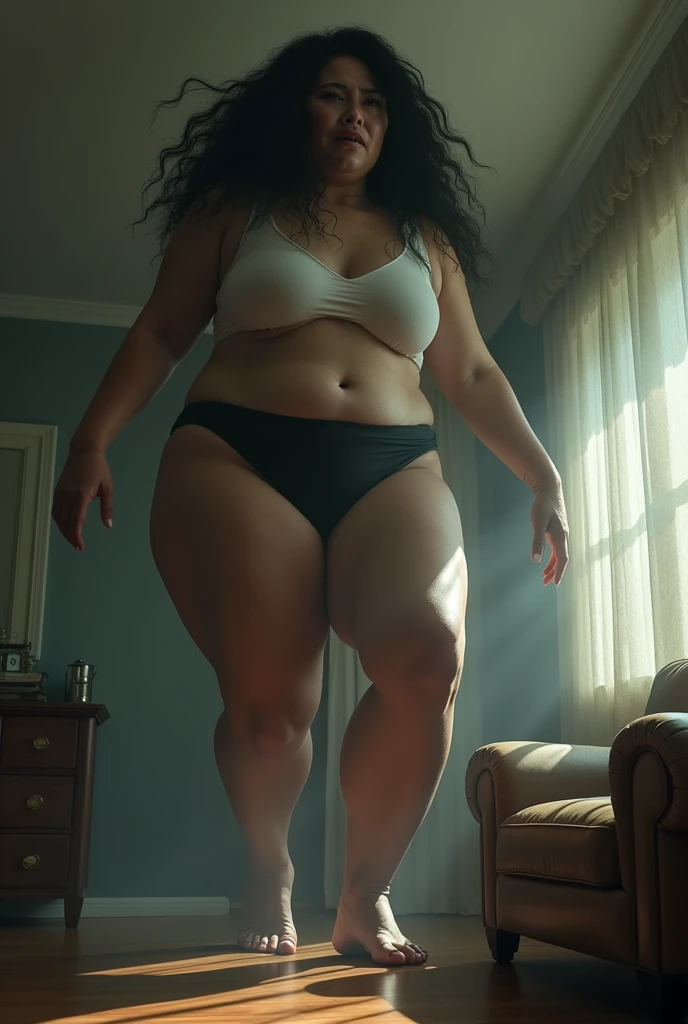 a gigantic sweaty massive woman wearing a white crop top and black panties, extremely detailed face and body, large oversized feet, wet soles, chasing a skinny man wearing black boxers on the ground in the living room, low angle view, photorealistic, 8k, m...