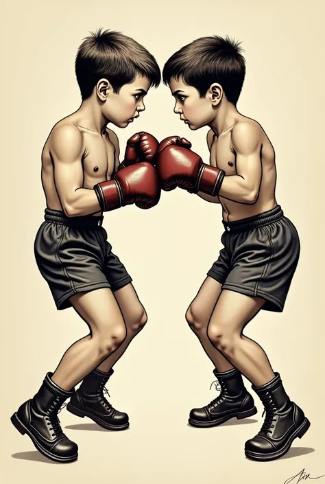 I want a sketch of a pinup or old-school style tattoo. Just black and brown. Two boys in boxing gloves fighting.