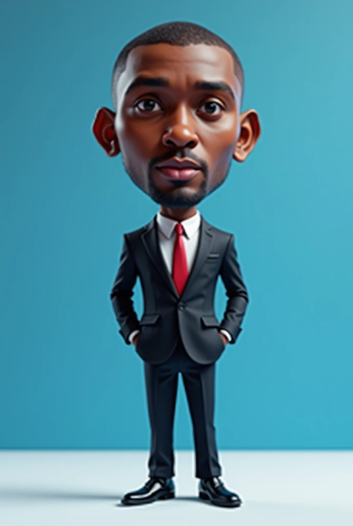 Realistic 4D caricature photo, full body,big head, a middle-aged man with an Afrika face, 50 years old, clean face,  dark brown skin , short  hair buzzcut, oval face, wearing a formal black suit, white shirt, red tie,black leather shoes, formal black trous...