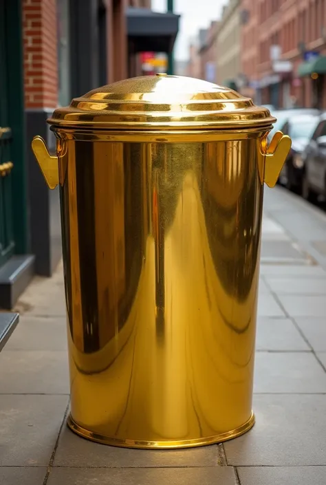 A typical American trash can made of gold .