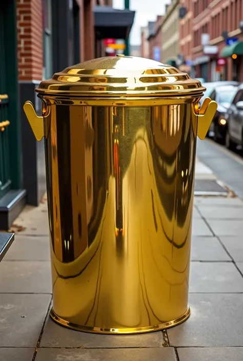 A typical American trash can made of gold .