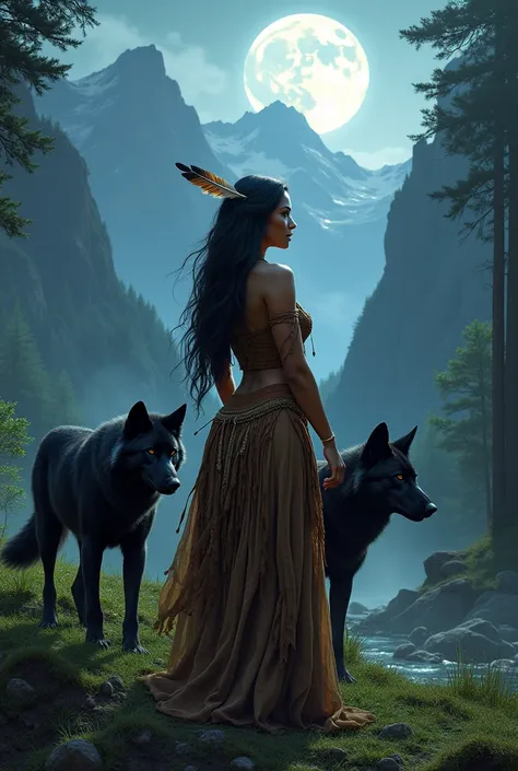 Native American curvy woman, cours avec des loups noirs,à travers une vallée à la lumière de la moonlit, 12k , photographie ,(best quality:1.2),(realistic:1.37),soft lighting,native models, très très longs cheveux noirs flottants et robe amérindienne en cu...